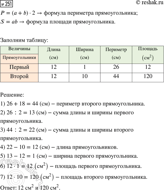 Решение задачи: 251. Периметр первого прямоугольника 26 см, ш второго — на 18 см больше. Длины этих фигур одинаковы. Найди площади прямоугольников, если ширина второго 10 см.