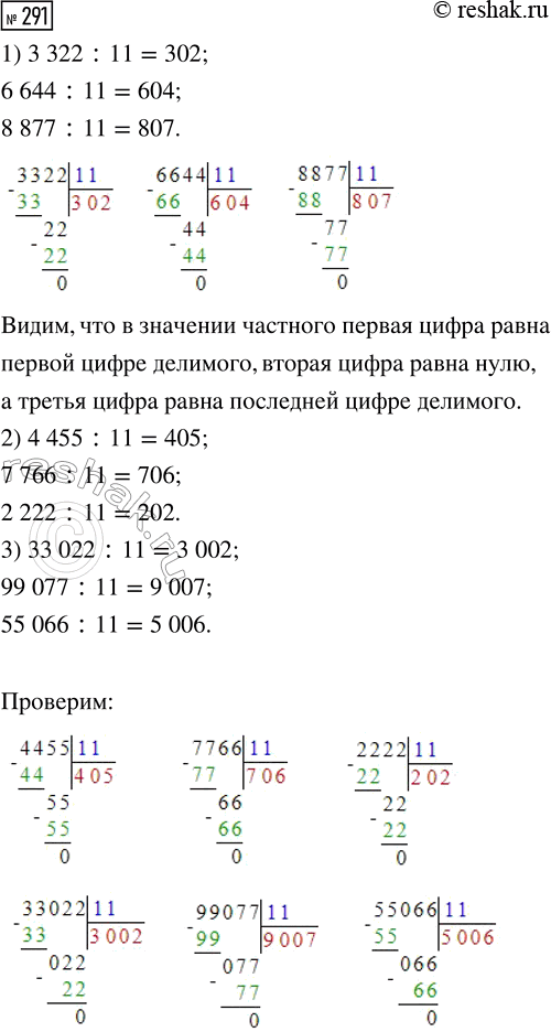 Решение задачи: 291. Вычисли значения выражений в первом столбце. 1) 3322 : 11 2) 4455 : 11 3) 33 022 : 11 6644 :