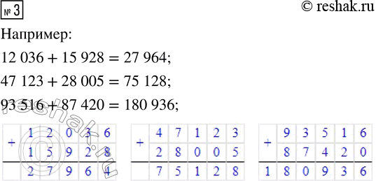 Решение задачи: 3. Запиши три выражения, в которых первое и второе слагаемые — пятизначные числа. Найди значения выражений. *Цитирирование задания со ссылкой на учебник производится исключительно в учебных целях для лучшего понимания разбора решения задания.