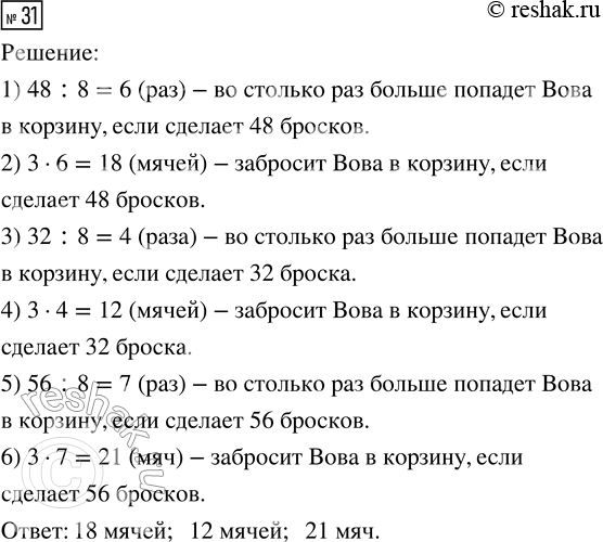 Решение задачи: 31. Из каждых восьми бросков Вова попадает в баскетбольную корзину 3 раза. Сколько мячей забросит Вова в корзину при таком же попадании, если он сделает 48 бросков?