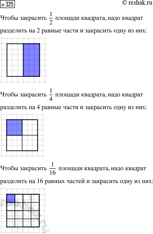 Решение задачи: 325. Начерти квадрат со стороной 3 см. Закрась на рисунке в разные цвета 1/2 площади квадрата, 1/4 и 1/16 его площади.