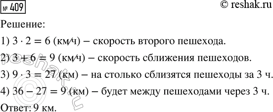 Решение задачи: 409. Из двух деревень, расстояние между которыми 36 км, одновременно навстречу друг другу вышли два пешехода. Скорость первого пешехода 3 км/ч, а скорость второго — в 2 раза больше, чем первого.