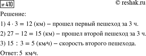 Решение задачи: 410. Из одного и того же пункта одновременно в противоположных направлениях вышли два пешехода. Через 3 часа расстояние между ними стало 27 км.