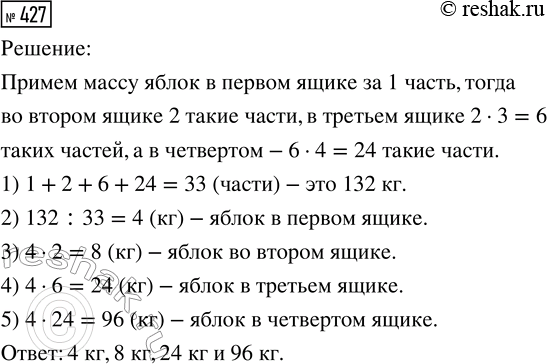 Решение задачи: 427. Когда 132 кг яблок разложили в 4 ящика, оказалось, что во втором ящике вдвое больше яблок, чем в первом, в третьем — втрое больше, чем во втором, а в четвёртом — в 4 раза больше, чем в третьем.