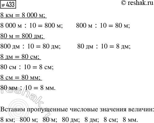 Решение задачи: 433. Вставь пропущенные числовые значения величин и запиши величины так, чтобы каждая следующая величина уменьшилась в 10 раз. 8 км; ...