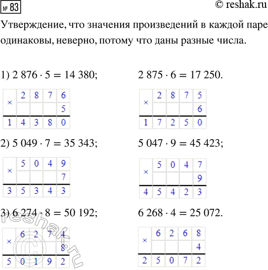 Решение задачи: 83. Верно ли утверждение, что значения произведений в каждой паре одинаковы? 1) 2876 · 5 2) 5049 · 7 3) 6274 · 8 2875 · 6 5047 · 9 6268 · 4 Проверь свой ответ, выполнив умножение «в столбик».
