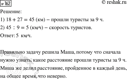 Решение задачи: 162. Туристы в первый день прошли 18 км. Во второй день, двигаясь с той же скоростью, они прошли 27 км. С какой скоростью шли туристы, если на весь путь они затратили 9 часов?