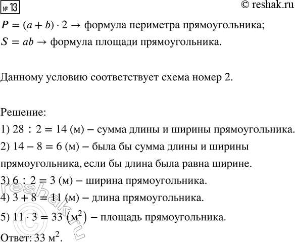 Решение задачи: 13. В прямоугольнике одна сторона на 8 м больше другой. Найди площадь прямоугольника, если его периметр равен 28 м. Выбери схему, которая соответствует данному условию, и реши задачу.