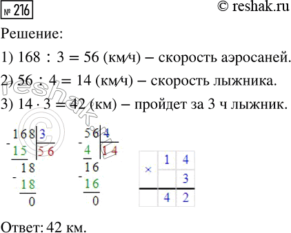 Решение задачи: 216. Скорость аэросаней в 4 раза больше скорости лыжника. За 3 ч аэросани прошли 168 км. Сколько километров пройдёт за это же время лыжник?