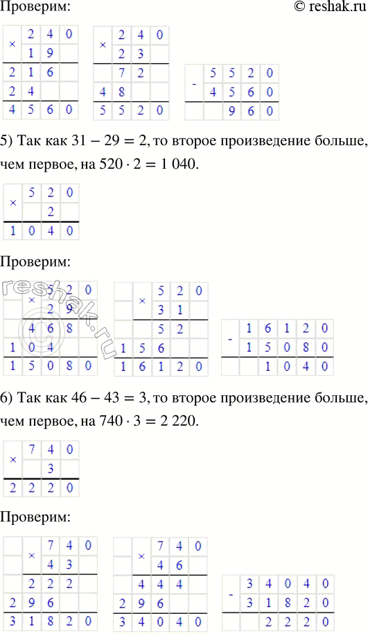 Решение задачи: 169. На сколько больше в каждой паре второе произведение, чем первое? 1) 650 · 37 2) 1200 · 62 3) 830 · 15 650 · 39 1200 · 65 830 · 17 4) 240 · 19 5) 520 · 29 6) 740 · 43 240 · 23 520 · 31 740 · 46 Проверь свои ответы, вычислив значения произведений в каждой паре.