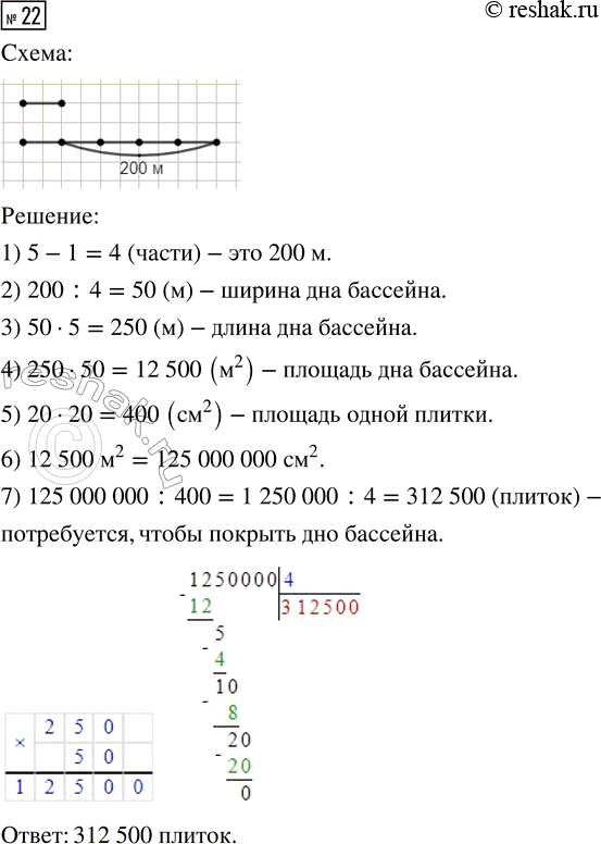 Решение задачи: 22. Дно бассейна имеет форму прямоугольника, длина которого в 5 раз больше его ширины, а ширина на 200 м меньше длины.