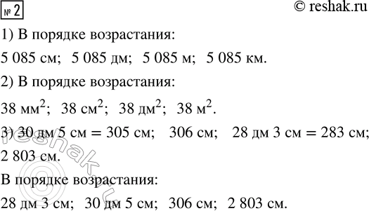 Решение задачи: 2. Запиши величины в порядке возрастания. 1) 5085 дм, 5085 см, 5085 км, 5085 м 2) 38 м^2, 38 дм^2, 38 см^2, 38 мм^2 3) 30 дм 5 см, 306 см, 28 дм 3 см, 2803 см *Цитирирование задания со ссылкой на учебник производится исключительно в учебных целях для лучшего понимания разбора решения задания.