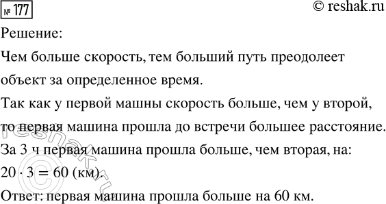 Решение задачи: 177. Из двух городов в 10 ч утра навстречу друг другу выехали две машины. Через три часа они встретились. Скорость первой машины была на 20 км/ч больше скорости второй машины.