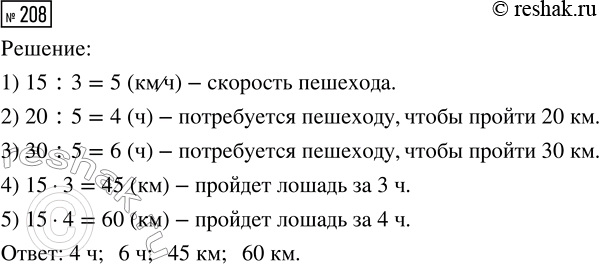 Решение задачи: 208. Скорость лошади 15 км/ч, скорость пешехода в 3 раза меньше. Сколько времени потребуется пешеходу, чтобы пройти 20 км? 30 км?
