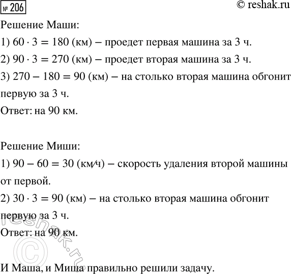Решение задачи: 206. Из пункта А в одном направлении одновременно вышли две грузовые машины. Скорость одной 60 км/ч, другой — 90 км/ч. На сколько километров одна машина обгонит другую за 3 ч?