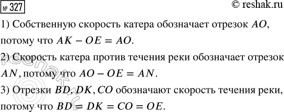 Решение задачи: 327. Отрезком АК обозначена скорость катера по течению реки, а отрезком ОЕ — скорость течения реки. Назови отрезок, который обозначает: 1) собственную скорость катера;