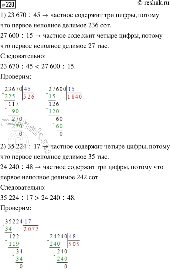 Решение задачи: 220. Сравни выражения, не вычисляя их значений. 1) 23 670 : 45 ... 27 600 : 15 2) 35 224 :