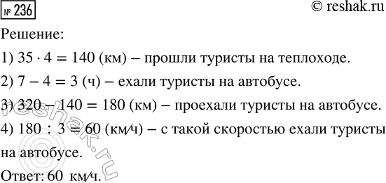 Решение задачи: 236. Туристы проехали 320 км на теплоходе и на автобусе. Они были в пути 7 ч. С какой скоростью туристы ехали на автобусе, если на теплоходе они плыли 4 ч со скоростью 35 км/ч?