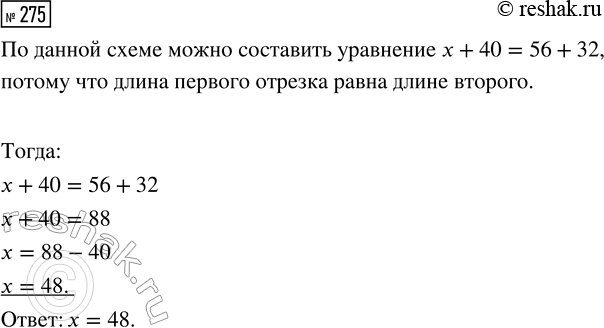 Решение задачи: 275. Объясни, почему по данной схеме можно составить уравнение х + 40 = 56 + 32. Найди корень данного уравнения. *Цитирирование задания со ссылкой на учебник производится исключительно в учебных целях для лучшего понимания разбора решения задания.