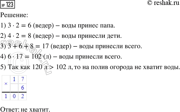 Решение задачи: 123. На полив огорода нужно 120 л воды. Мама принесла с речки 3 ведра воды, папа — в 2 раза больше, а дети, Маша и Миша, — по 4 ведра.