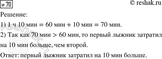 Решение задачи: 70. Один лыжник прошёл 10 км за 1 ч 10 мин, другой — за 60 мин. Какой лыжник затратил времени больше и на сколько?