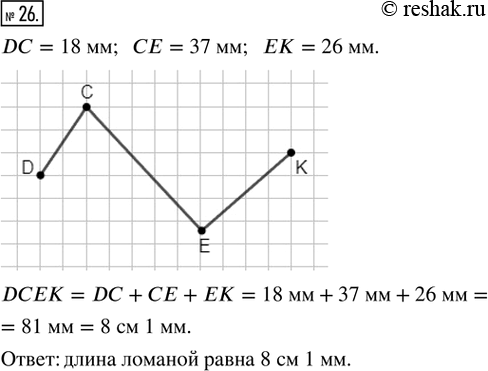 Решение задачи: 26. Постройте ломаную DCEK так, чтобы DC = 18 мм, СЕ = 37 мм, ЕК = 26 мм. Вычислите длину ломаной.