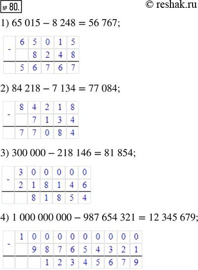 Решение задачи: 80. Вычислите. 1) 65 015 - 8 248; 3) 300 000 - 218 146; 2) 84 218 - 7 134; 4) 1 000 000 000 - 987 654 321.