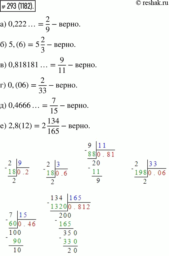 Решение задачи: 293. Проверьте, что следующие равенства верны: а) 0,222... = 2/9; б) 5,(6) = 5 2/3; в) 0,818181... = 9/11; г) 0,(06) = 2/33;