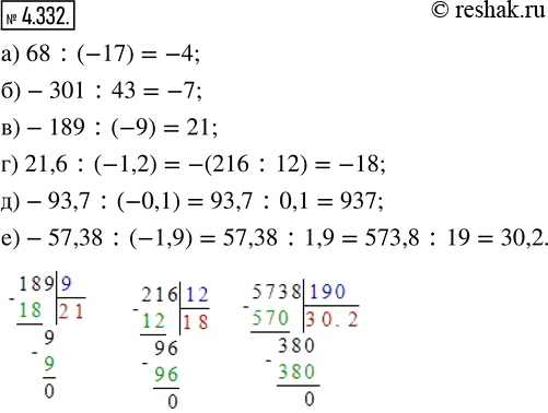 Решение задачи: 4.332. Выполните действие деления: а) 68 : (-17); в) -189 : (-9); д) -93,7 : (-0,1); б) -301 : 43; г) 21,6 :
