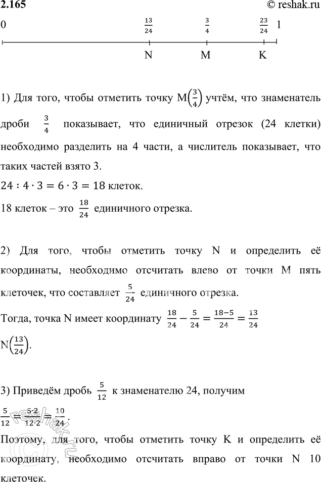 Решение задачи: 2.165. Выполните построение по алгоритму: 1) Начертите координатный луч с единичным отрезком 24 клетки. Отметьте точку М (3/4). Для того, чтобы отметить точку M(3/4) учтём, что знаменатель дроби 3/4 показывает, что единичный отрезок (24 клетки) необходимо разделить на 4 части, а числитель показывает, что таких частей взято 3.