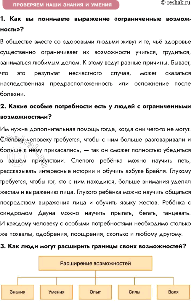 Решение задачи: § 5. Если возможности ограниченны ЗАДУМАЕМСЯ Какие особые потребности бывают у людей с ограниченными возможностями здоровья? Люди с ограниченными возможностями здоровья могут иметь различные особые потребности, зависящие от их конкретного состояния.