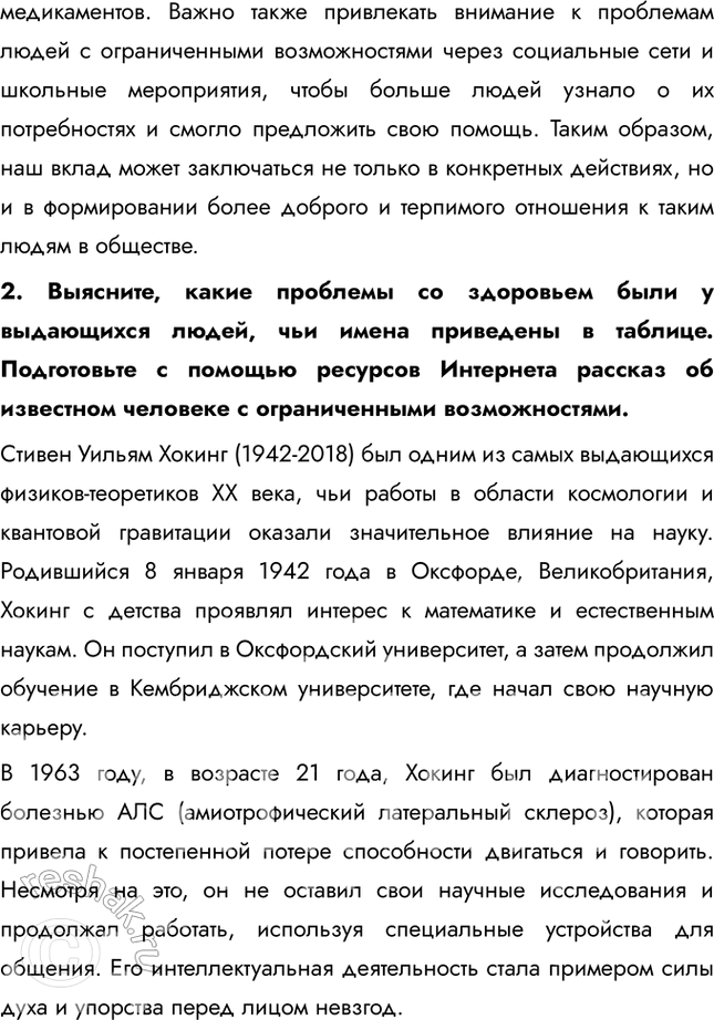 Решение задачи: § 5. Если возможности ограниченны ЗАДУМАЕМСЯ Какие особые потребности бывают у людей с ограниченными возможностями здоровья? Люди с ограниченными возможностями здоровья могут иметь различные особые потребности, зависящие от их конкретного состояния.