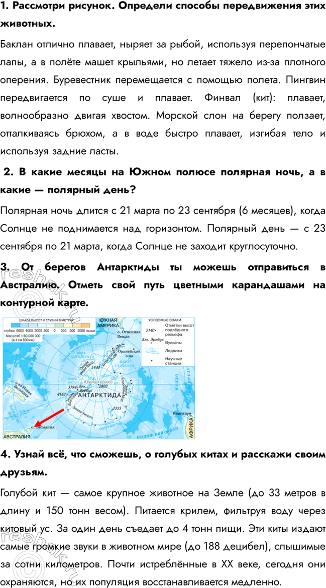 Решение задачи: 1. Рассмотри рисунок. Определи способы передвижения этих животных. Баклан отлично плавает, ныряет за рыбой, используя перепончатые лапы, а в полёте машет крыльями, но летает тяжело из-за плотного оперения.