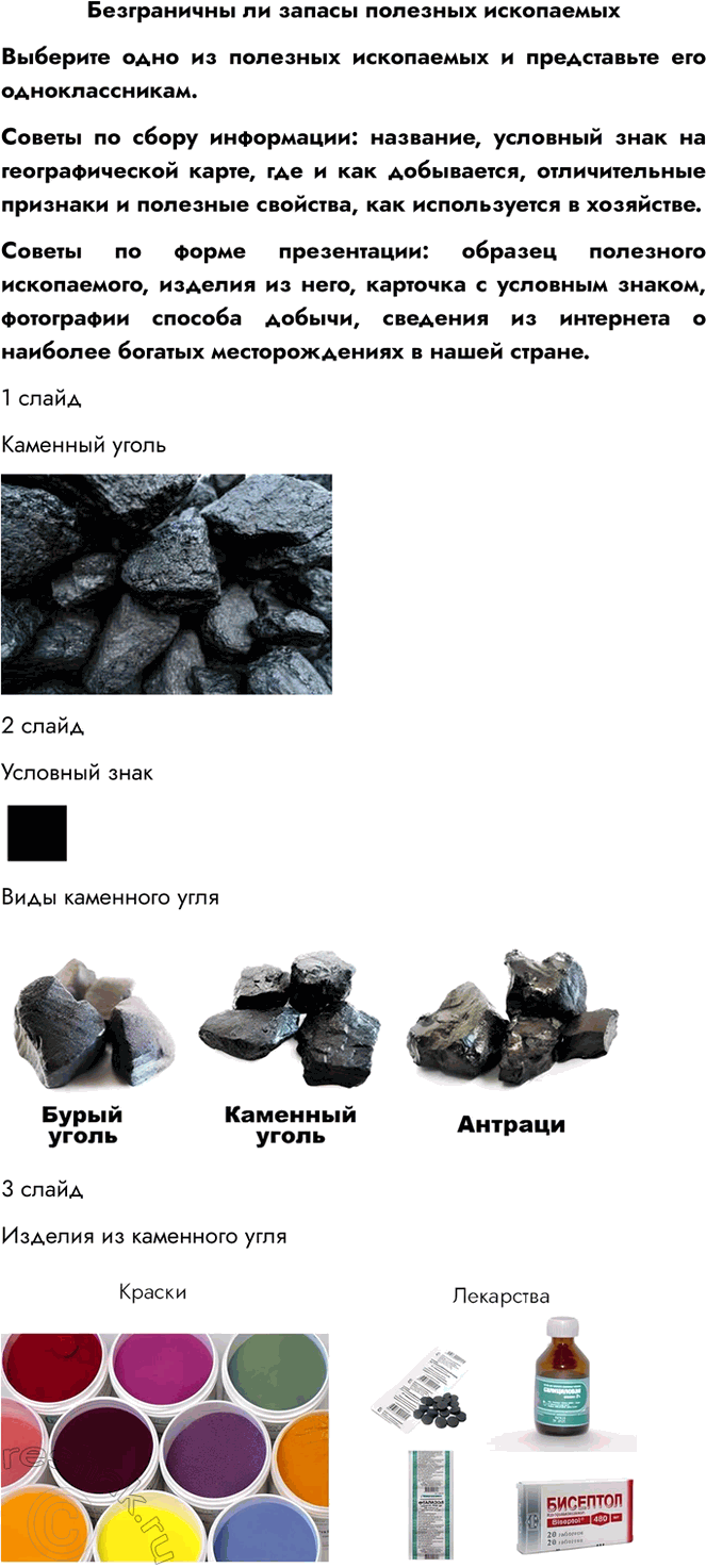 Решение задачи: Безграничны ли запасы полезных ископаемых Выберите одно из полезных ископаемых и представьте его одноклассникам. Советы по сбору информации: название, условный знак на географической карте, где и как добывается, отличительные признаки и полезные свойства, как используется в хозяйстве.
