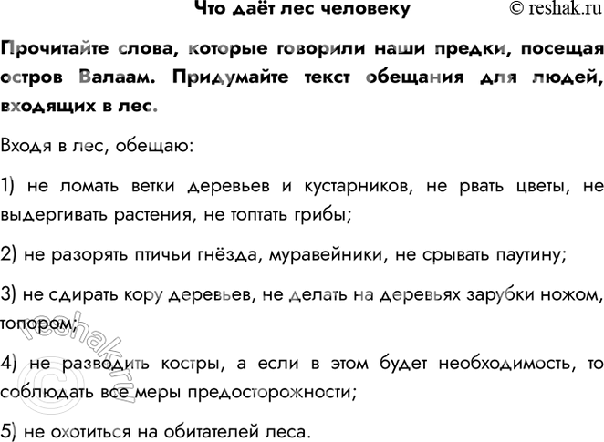 Решение задачи: Что даёт лес человеку Прочитайте слова, которые говорили наши предки, посещая остров Валаам. Придумайте текст обещания для людей, входящих в лес.