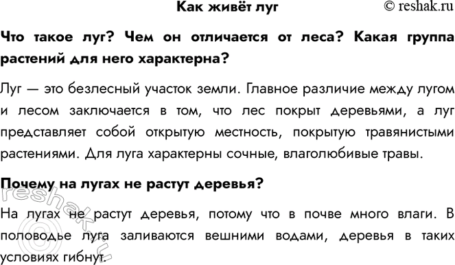 Решение задачи: Как живёт луг Что такое луг? Чем он отличается от леса? Какая группа растений для него характерна? Луг — это безлесный участок земли.
