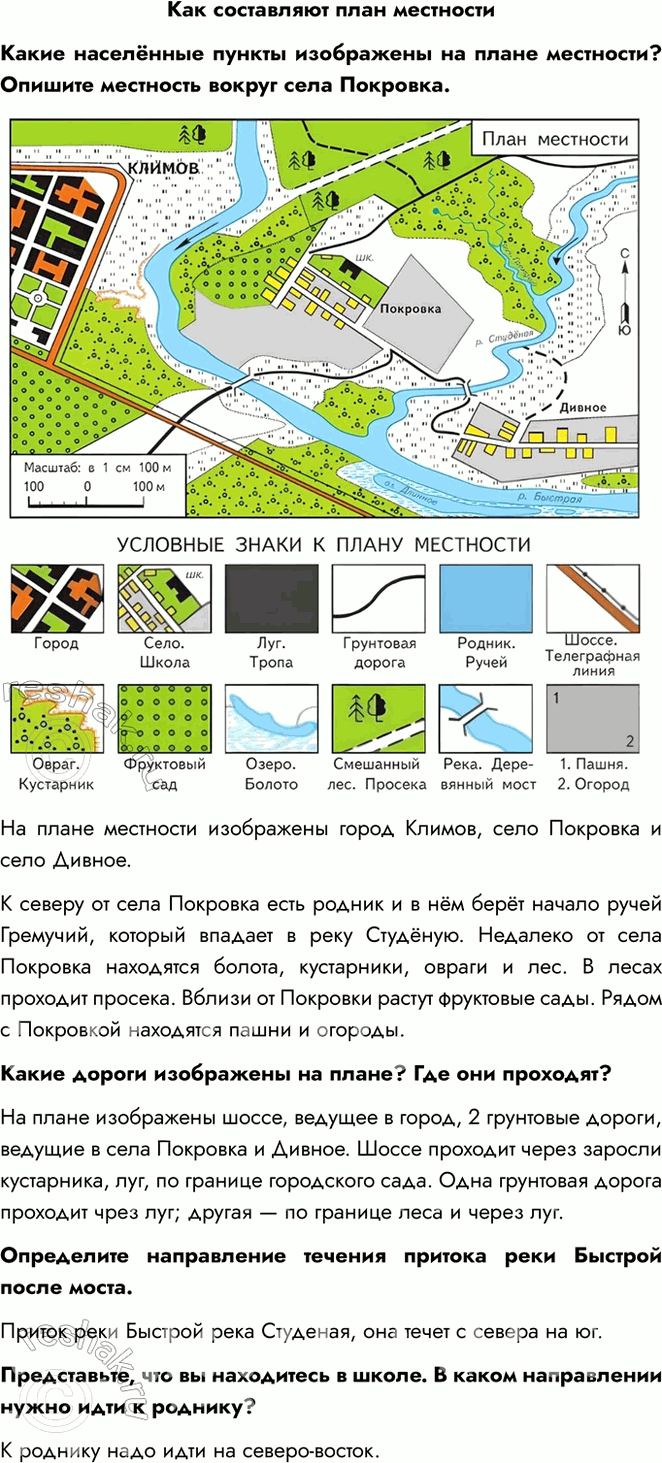 Решение задачи: Как составляют план местности Какие населённые пункты изображены на плане местности? Опишите местность вокруг села Покровка. На плане местности изображены город Климов, село Покровка и село Дивное.