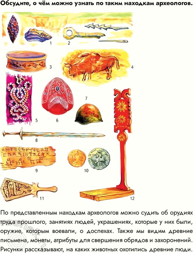 Решение задачи: Обсудите, о чём можно узнать по таким находкам археологов. По представленным находкам археологов можно судить об орудиях труда прошлого, занятиях людей, украшениях, которые у них были, оружие, которым воевали, о доспехах.