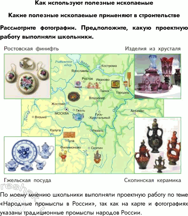 Решение задачи: Как используют полезные ископаемые Какие полезные ископаемые применяют в строительстве Рассмотрите фотографии. Предположите, какую проектную работу выполняли школьники. По моему мнению школьники выполняли проектную работу по теме «Народные промыслы в России», так как на карте и фотографиях указаны традиционные промыслы народов России.