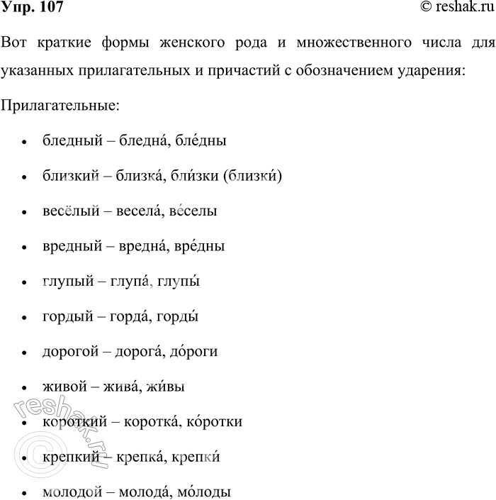 Решение задачи: 107. От приведённых прилагательных и причастий образуйте краткие формы женского рода и множественного числа. Запишите получившиеся формы, обозначая ударение. Бледный, близкий, весёлый, вредный, глупый, гордый, дорогой, живой, короткий, крепкий, молодой, пустой, редкий, светлый, сытый, тесный, тупой.