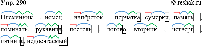 Решение задачи: 290. Обозначьте морфемы в словах, учитывая их этимологию (происхождение). Племянник, немец, напёрсток, перчатка, сумерки, память, поминать, рукавица, постель, логово, вторник, четверг, пятница, недосягаемый.