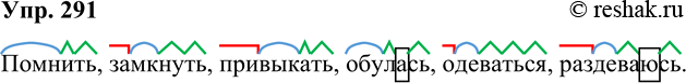 Решение задачи: 291. Произведите морфемный разбор слов. Помнить, замкнуть, привыкать, обулась, одеваться, раздеваюсь. *Цитирирование задания со ссылкой на учебник производится исключительно в учебных целях для лучшего понимания разбора решения задания.