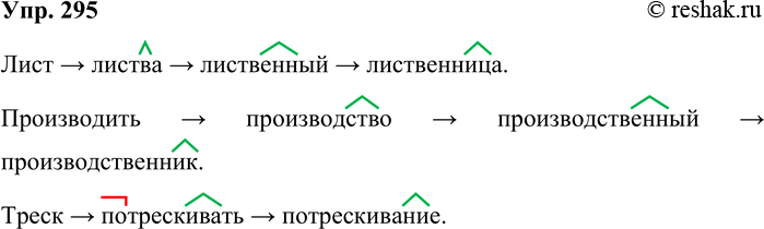 Решение задачи: 295. Покажите словообразовательную цепочку у следующих слов. Образец. Острый — &gt; остр-и-тъ — &gt; 0б-острить — &gt; обостр-ение[jэ]. Лиственница, производственник, хозяйственный, потрескивание.