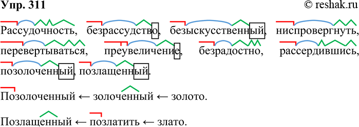 Решение задачи: 311. Обозначьте в словах морфемы. Рассудочность, безрассудство, безыскусственный, ниспровергнуть, перевёртываться, преувеличение, безрадостно, рассердившись, позолоченный, позлащённый. От каких слов образованы слова позолоченный и позлащённый?