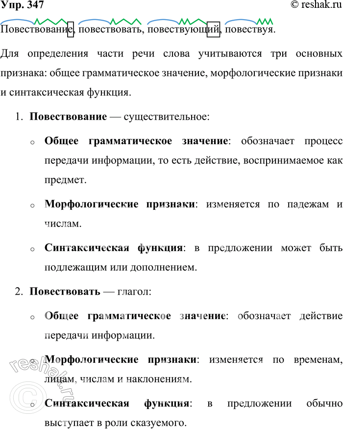 Решение задачи: 347. Докажите, рассуждая, что слово повествование — существительное, повествовать — глагол, повествующий — причастие, повествуя — деепричастие. Запишите эти слова и обозначьте их морфемный состав.