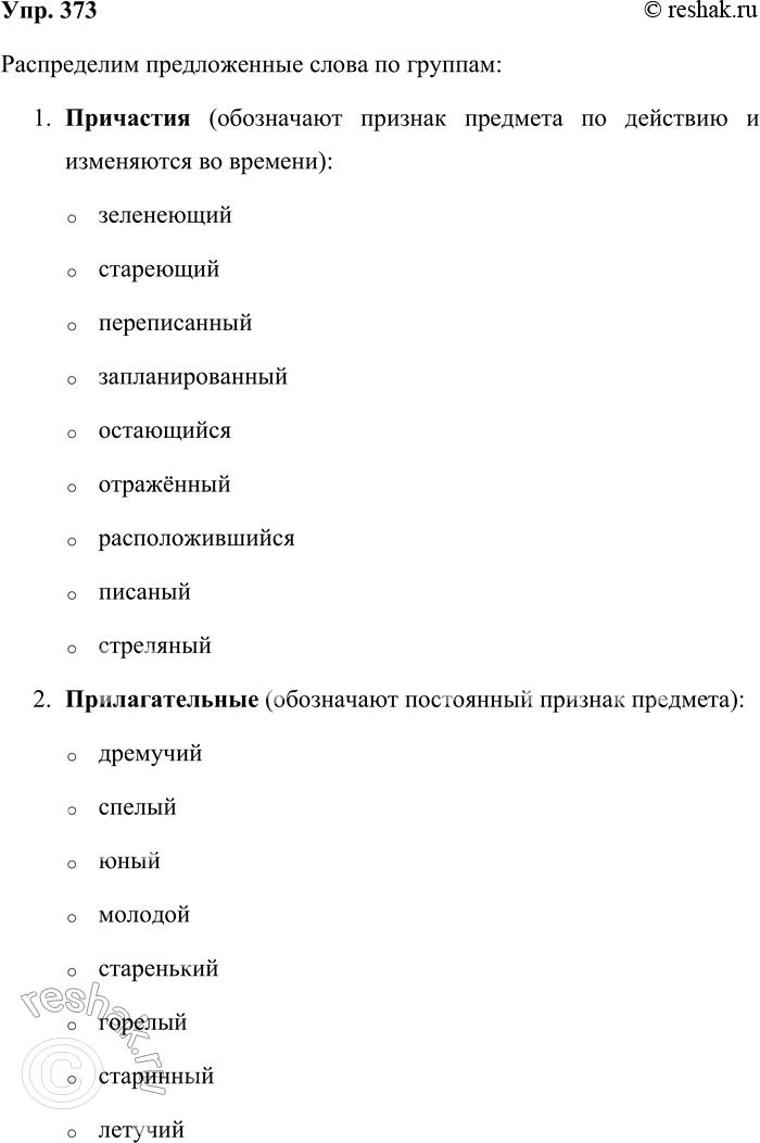 Решение задачи: 373. Распределите слова, обозначая в них морфемы, по графам таблицы. Причастия Прилагательные Причастия, перешедшие в прилагательные Зеленеющий, дремучий, спелый, юный, молодой, молодящийся, стареющий, старенький, горелый, стоячий, стоящий, переписанный, запланированный, старинный, летучий, выдающийся, ходячий, каменный, остающийся, деревянный, шумный, ветреный, белёный, осенний, глинистый, отражённый, расположившийся, серебряный, писаный, стреляный.