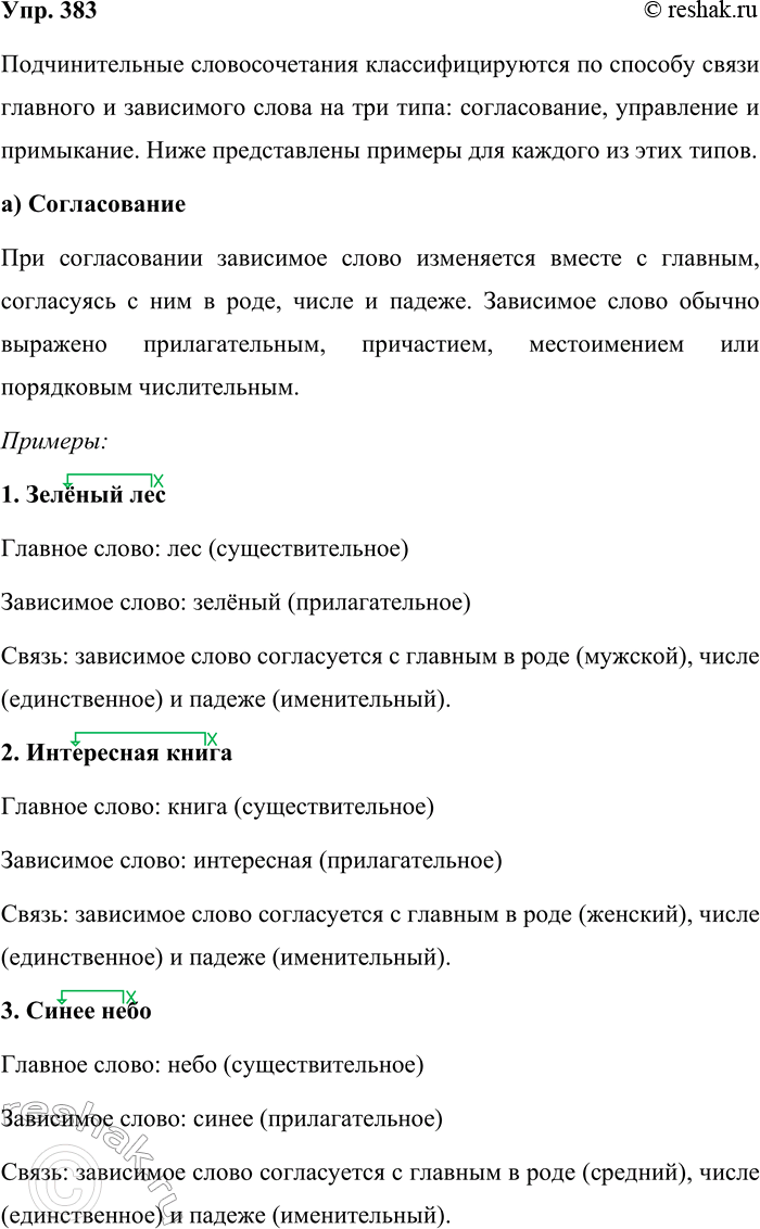 Решение задачи: 383. Составьте подчинительные словосочетания по способу: а) согласования; б) управления; в) примыкания. Обозначьте главное слово, стрелкой покажите зависимость. Подчинительные словосочетания классифицируются по способу связи главного и зависимого слова на три типа: