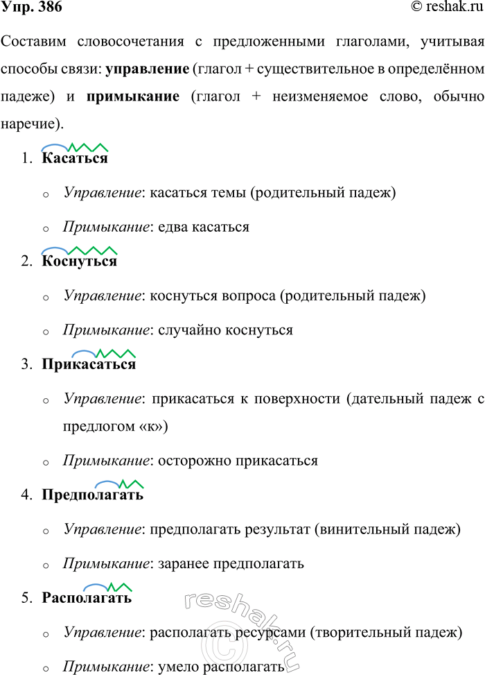 Решение задачи: 386. Составьте словосочетания по способу управления и примыкания со словами касаться, коснуться, прикасаться; предполагать, располагать, расположить; излагать, изложить; брать, выбирать; блистать, блестеть;