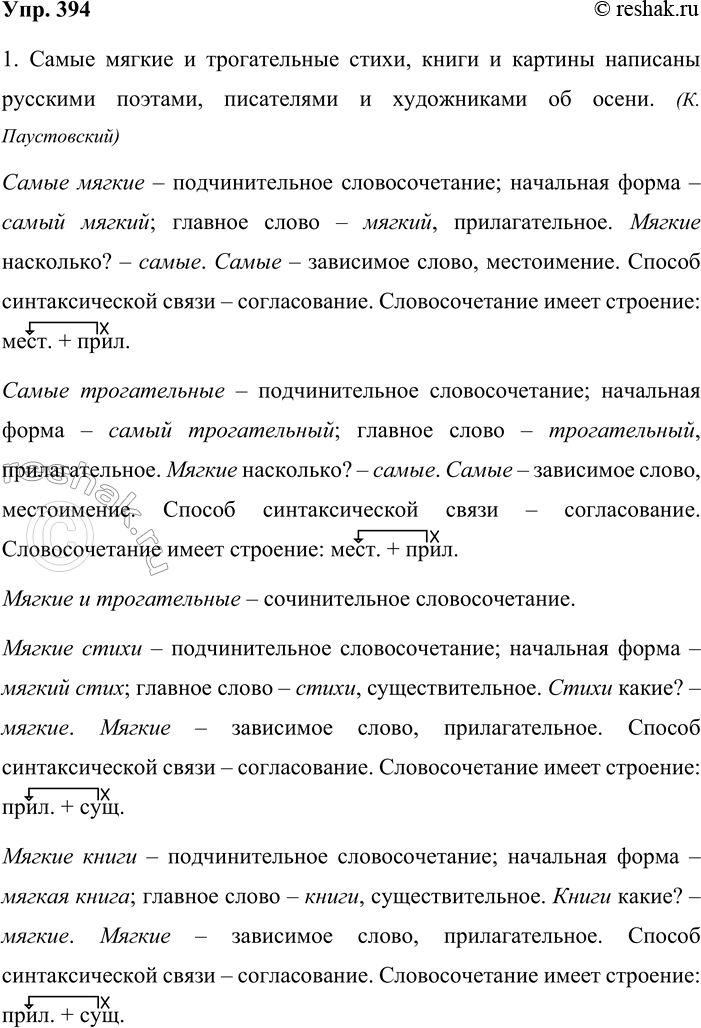 Решение задачи: 394. Выделите все словосочетания из предложений и произведите их синтаксический анализ. 1. Самые мягкие и трогательные стихи, книги и картины написаны русскими поэтами, писателями и художниками об осени.