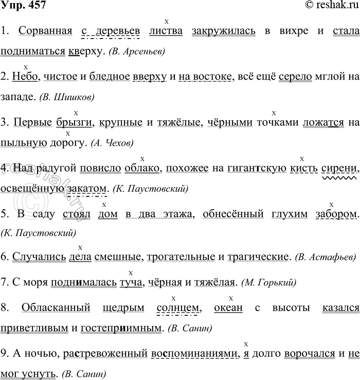 Решение задачи: 457. Спишите предложения, вставляя пропущенные буквы, раскрывая скобки и расставляя недостающие знаки препинания. 1. Созванная с деревьев листва закружилась в вихре и стала подниматься (к) верху.